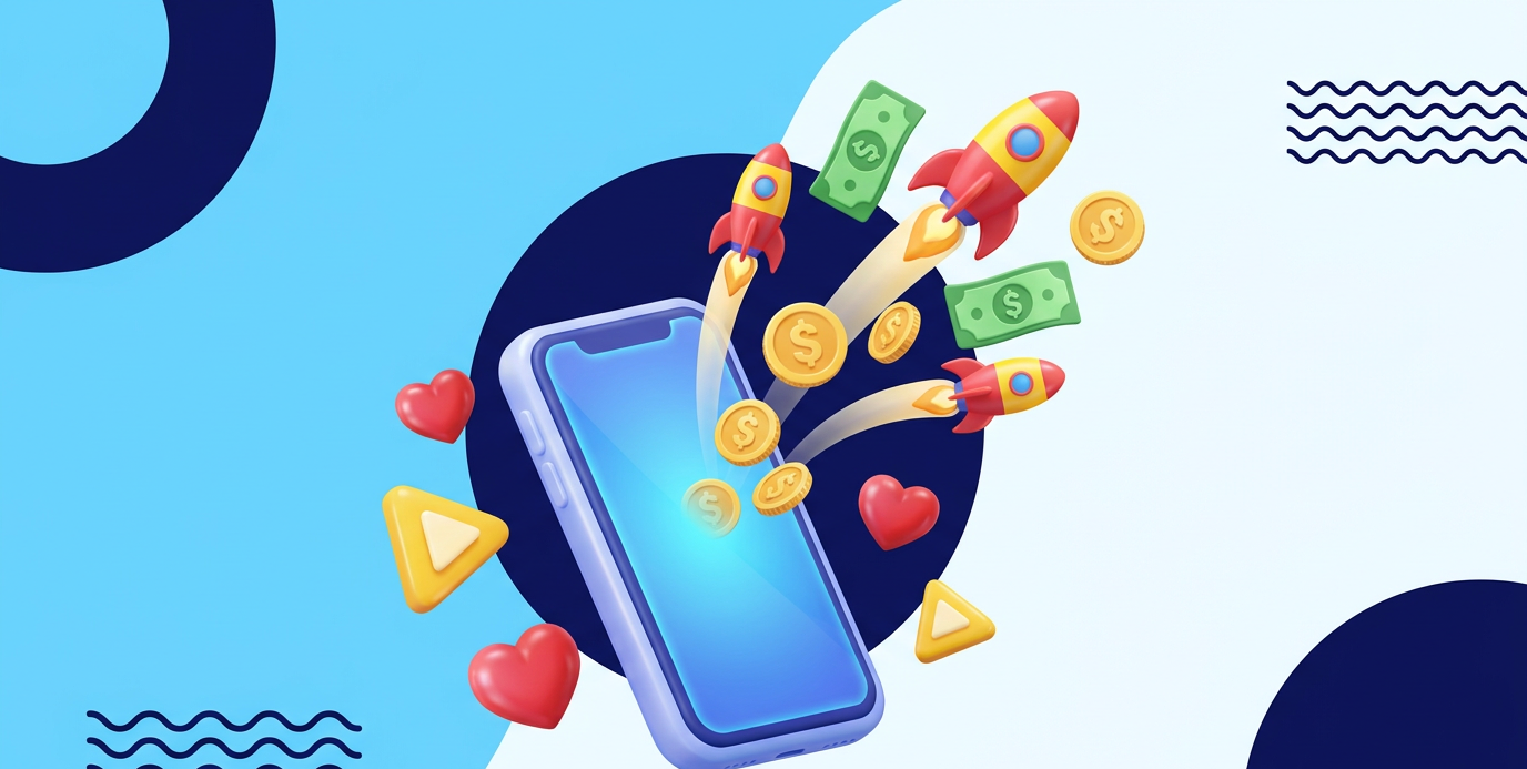 Phone launching money, coins and rockets — monetization illustration